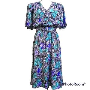 VINTAGE J.B. TOO FLUTTER SLEEVE TROPICAL PALM LEAF DRESS SPRING SUMMER WEAR